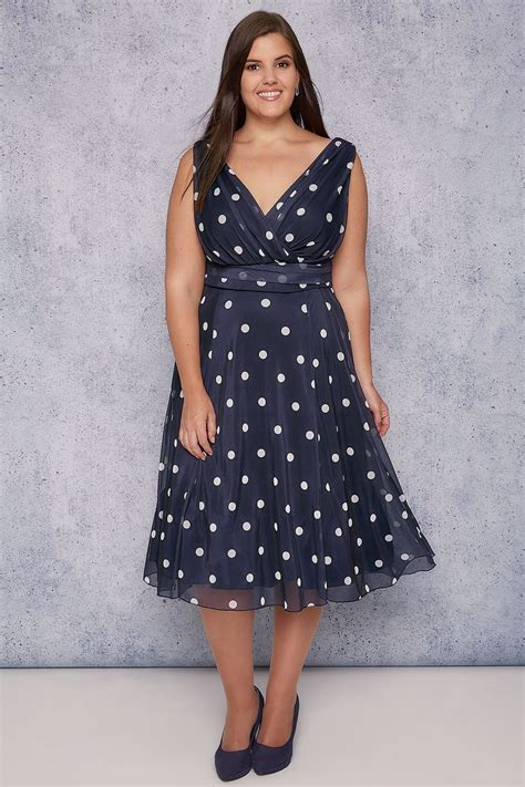 Scarlett And Jo Navy And White Polka Dot Wrap Over Midi Dress Plus Size 16