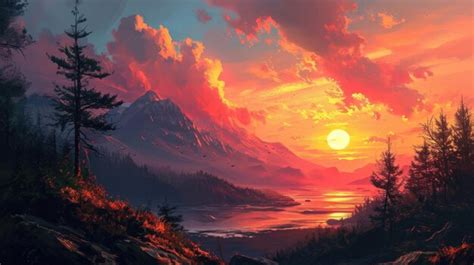 Premium Photo | A Painting of a Sunset Over a Mountain Lake