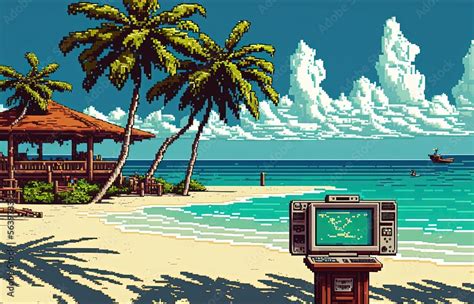 Pixel Art Paradise Island Resort Beach Bungalow Landscape In Retro Style For 8 Bit Game