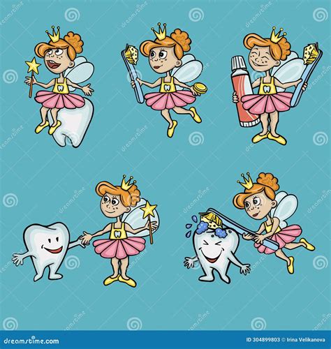 Set With Tooth Fairy And Tooth Character Vector Illustration Stock