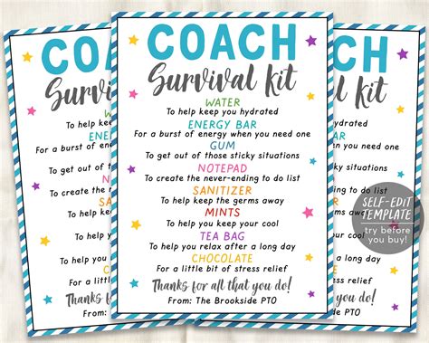 Coach Survival Kit Gift Tags Editable Template Assistant Coach Gift