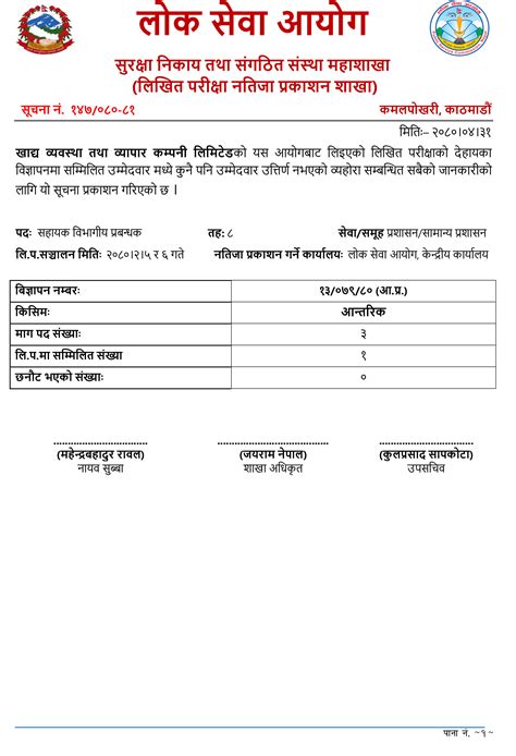 खाद्य व्यवस्था तथा व्यापार कम्पनी लिमिटेडको लिखित परीक्षाको नतिजा