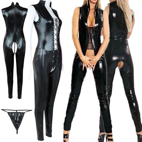 Women Pu Leather Bodycon Bodysuit Catsuit Clubwear Jumpsuit Wet Look