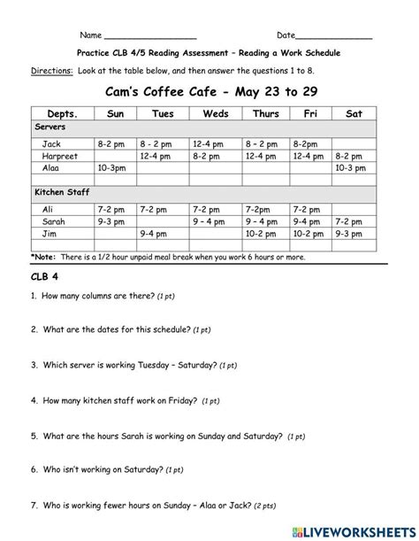 Reading Work Schedule Worksheet Live Worksheets Worksheets Library