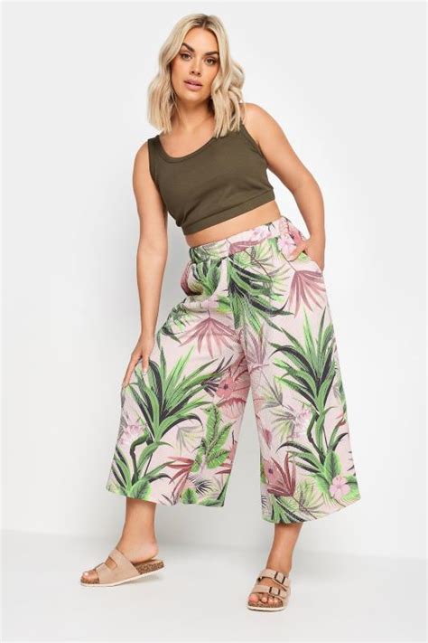 Yours Plus Size Pink Tropical Print Textured Cropped Trousers Yours Clothing