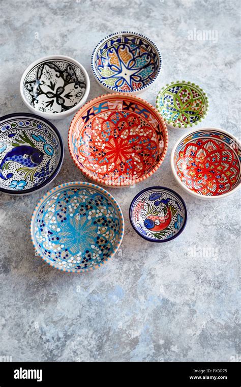 Collection of empty moroccan colorful decorative ceramic bowls Stock ...