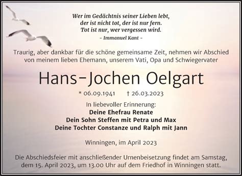 Traueranzeigen Von Hans Jochen Oelgart Abschied Nehmen De