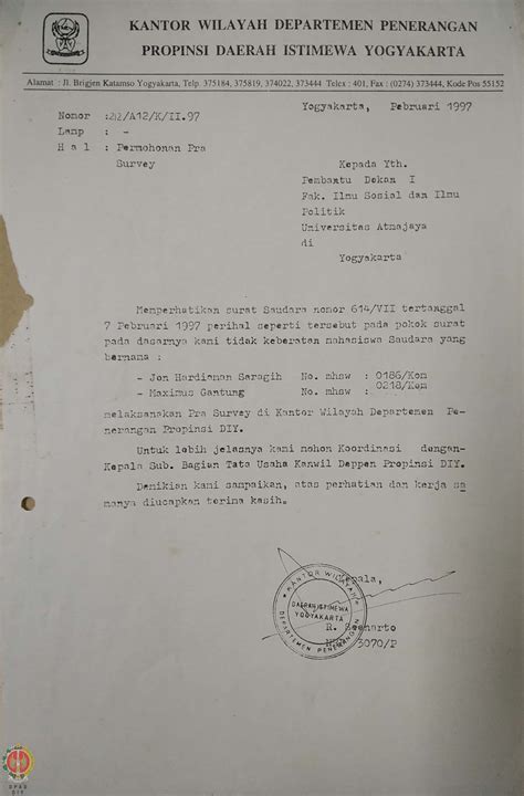 Surat Dari Kepala Kantor Wilayah Departemen Penerangan Daerah Istimewa