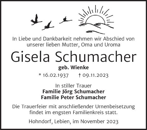 Traueranzeigen Von Gisela Schumacher Abschied Nehmen De