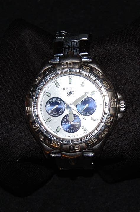 Silver Stainless Steel Mens Fossil Blue Wrist Watch Chronograph