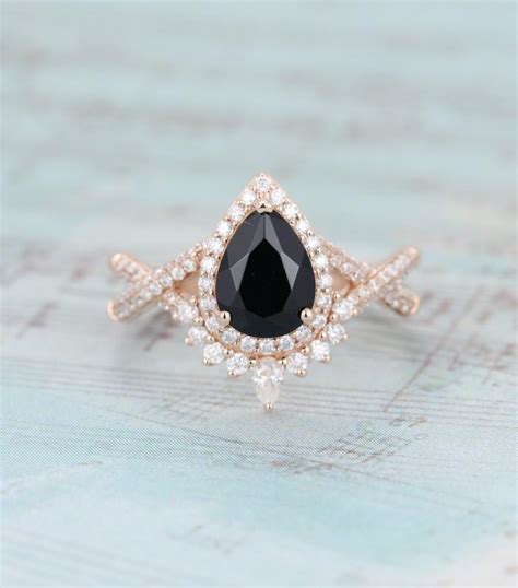 Pear Shaped Black Onyx Engagement Ring Rose Gold Halo Unique Vintage ...