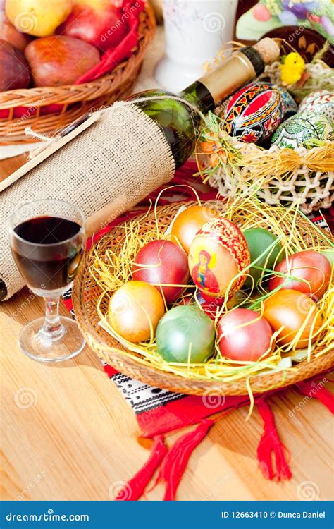 Easter Painted Eggs With Wine Bottle And Glass Stock Photo Image Of