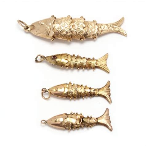 Four Articulated Gold Fish Charms Pendants Lot Estate Jewelry