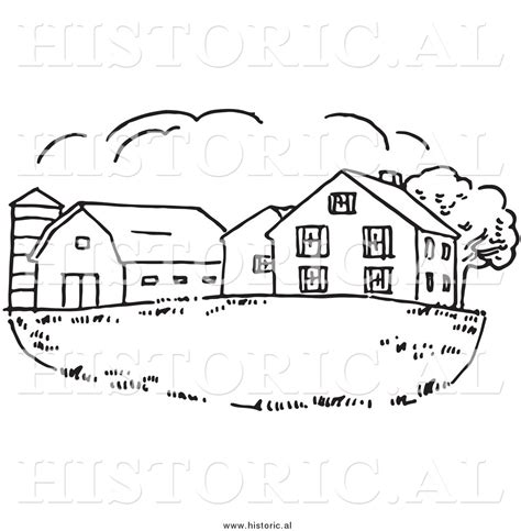 Clipart of a Farm House with Silo and Barn - Black and White Drawing by ...