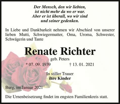 Traueranzeigen Von Renate Richter Geb Peters Abschied Nehmen De