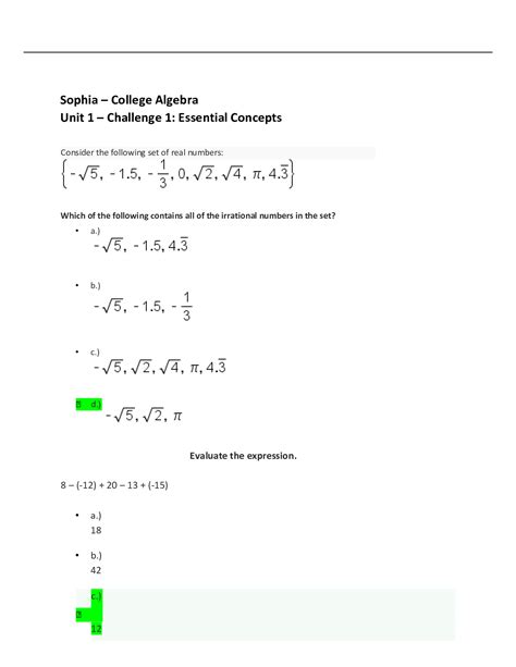 Sophia College Algebra Unit Challenge Essential Concepts