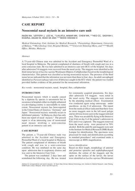 (PDF) Nosocomial nasal myiasis in an intensive care unit