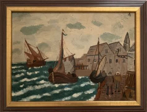 Ancien Tableau Xix Huile Marine Port Anim Retour De Peche Bateaux