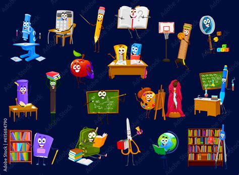 Cartoon School Supply Stationery Characters Vector Education