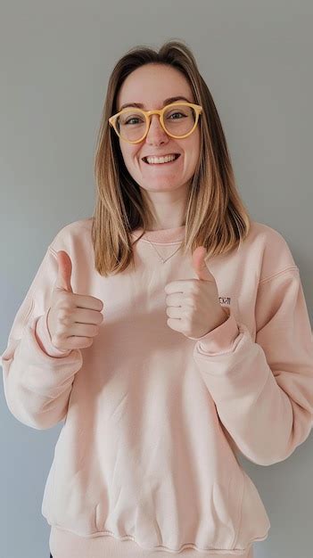 A Woman Wearing Glasses With The Word Quot Thumbs Up Quot On Her Shirt