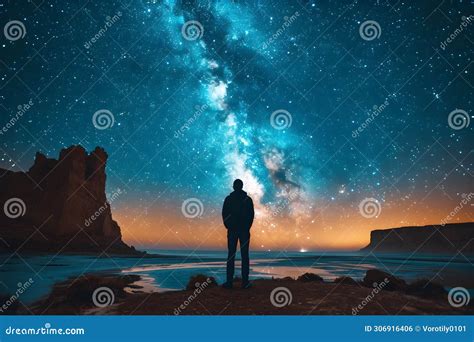 A Man Stands And Watching With Wonder And Amazement As The Milky Way