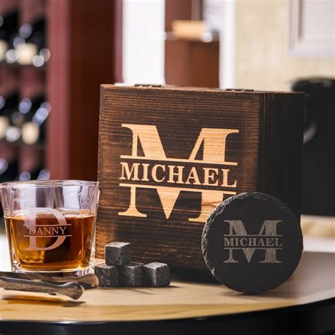 Personalized Whiskey Glass Set With Storage Box Custom Name Initial Whiskey Glass Wooden Box