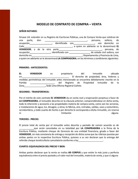 Modelo De Contrato De Compraventa Modelo De Contrato De Compra