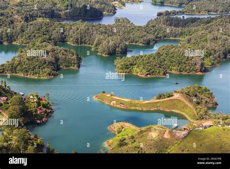 Panorama view of Guatape lake area, Colombia, South America Stock Photo ...