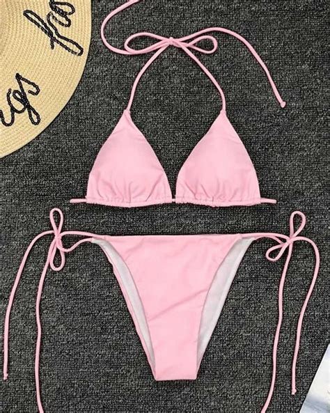 2021 Solid Color Hanging Neck Lace Up Micro Bikini Pink S In Bikini