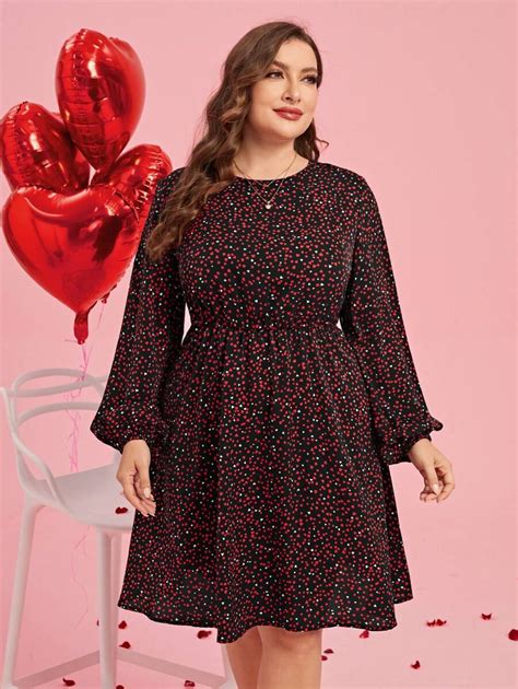 Shein Clasi Plus Size Women S Heart Pattern Lantern Sleeve Dress With