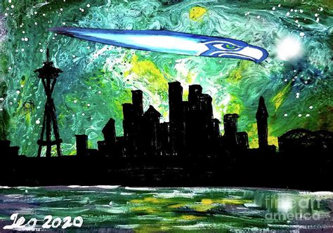 Seattle Seahawks Streaking Comet Over Seattle Skyline Painting By Teo Alfonso Fine Art America