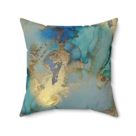 Gold And Blue Marble Spun Polyester Square Pillow Case Etsy Square