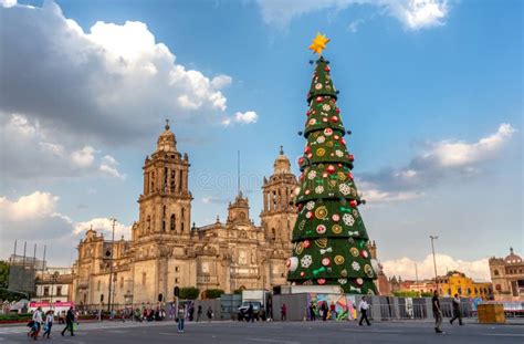 Metropolitan Cathedral And Christmas Tree Decorations In Zocalo Mexico