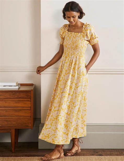 Smocked Bodice Midi Dress Butter Wild Flora Boden Us