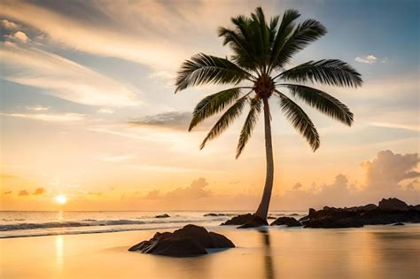 Premium Photo | A palm tree on a beach at sunset