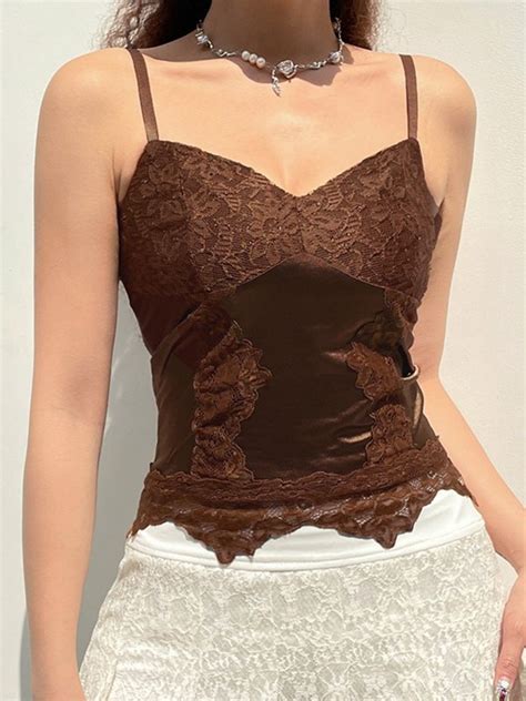 Emmiol Free Shipping Lace Paneled Satin Brown Cami Top Brown S In