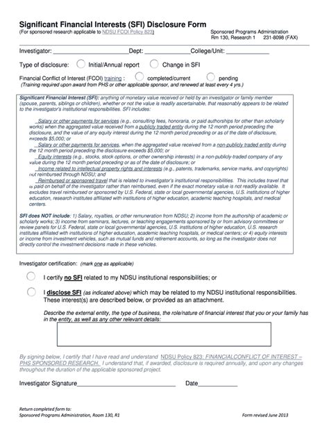 Fillable Online Ndsu Significant Financial Interests Sfi Disclosure