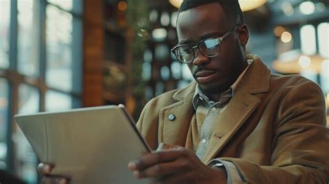 Premium Photo A Man In Glasses Looking At A Tablet Suitable For