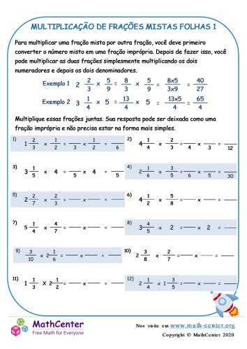 Multiplicação De Frações Mixtas Folhas 1 Planilhas Math Center