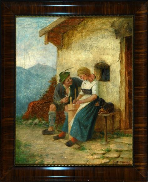 Theodore Kleehaas Junges Bauernpaar mit Dackel vor der Hütte MutualArt