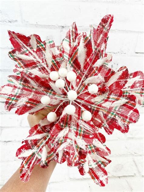 Red White Snowy Plaid Poinsettia Pick Kelea S Florals