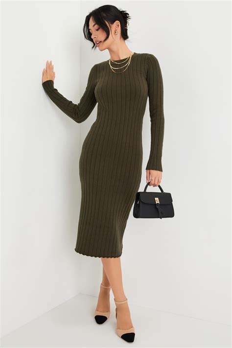 Olive Green Dress Ribbed Sweater Dress Midi Sweater Dress Lulus