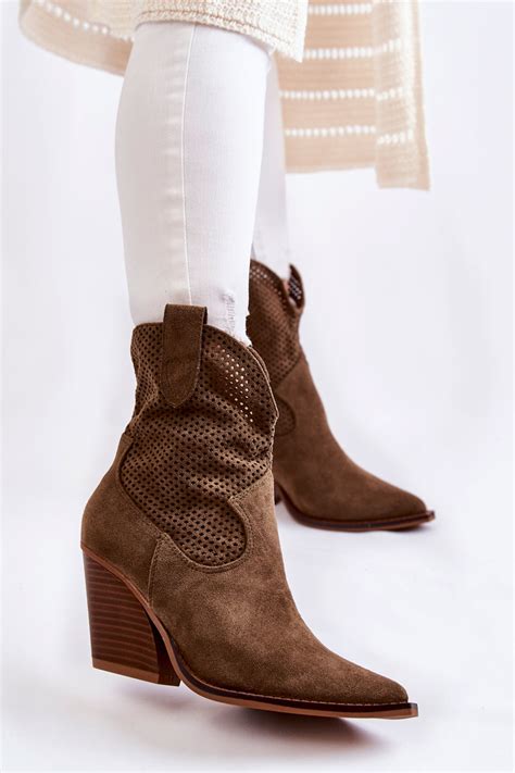 Women S Suede Openwork Boots Cowboy Khaki Eleonore Cheap And