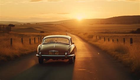 Premium Ai Image Vintage Sports Car Driving On Country Road At Sunset