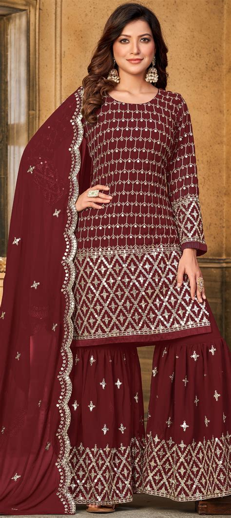 Festive Party Wear Reception Red And Maroon Color Georgette Fabric