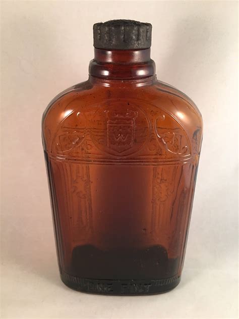 Vintage One Pint Amber Glass Whiskey Bottle Scroll And Column Design Trademark W Owens Illinois