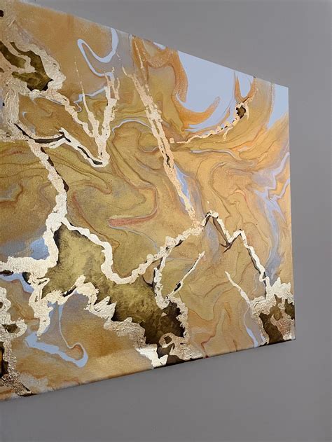 Canvasoriginal Gold Leaf Acrylic Pour Painting Made In North Etsy