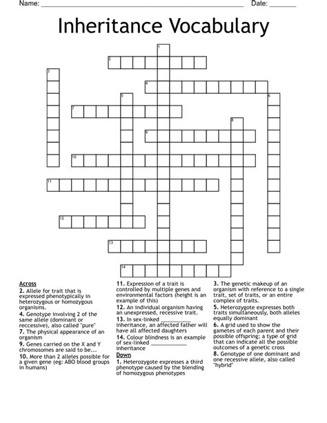 Inheritance Vocabulary Crossword Wordmint