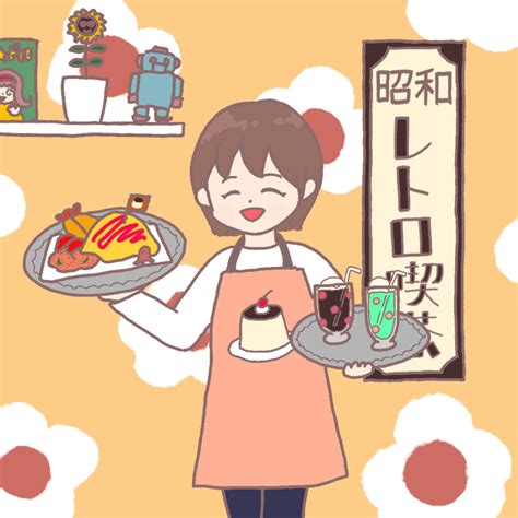 フリーイラスト レトロな喫茶店でランチと飲み物を運ぶ女性