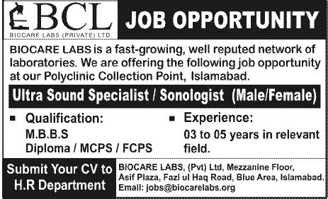 Biocare Labs (BCL) Requires Ultra Sound Specialist / Sonologist in Islamabad, Jang on 11-Nov ...